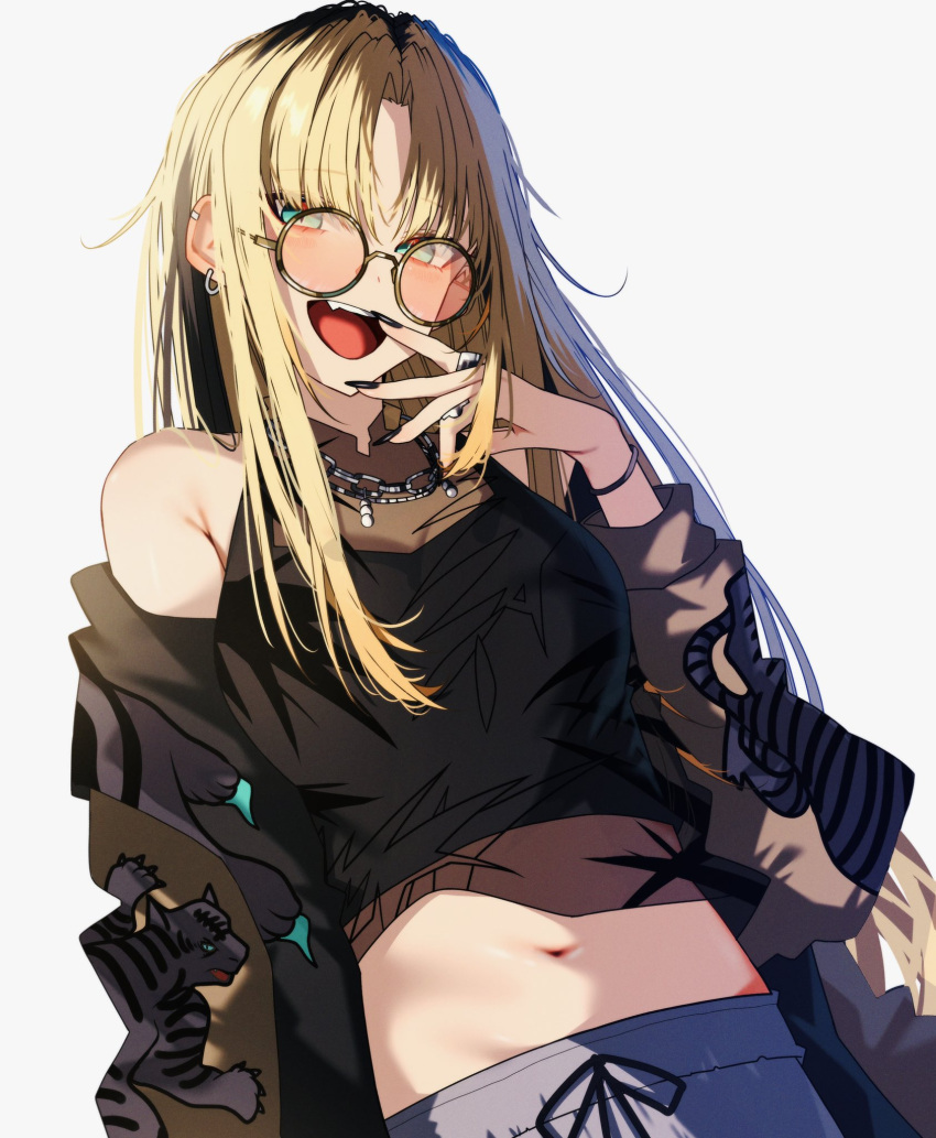 bare_shoulders black-framed_eyewear black_hair black_jacket black_nails black_tank_top blonde_hair blue_eyes breasts chain_necklace chains curtained_hair earrings female grey_pants highres hololive hololive_dev_is jacket jewelry koganei_niko large_breasts long_hair looking_at_viewer midriff multicolored_hair multiple_rings nail_polish navel necklace open_mouth orange-tinted_eyewear pants parted_bangs parted_hair ring round_eyewear see-through_clothes see-through_shirt shirt simple_background sleeveless sleeveless_shirt slit_pupils solo streaked_hair sukajan sweatpants tank_top teeth temari_maco tinted_eyewear upper_body upper_teeth_only virtual_youtuber white_background yellow_pupils