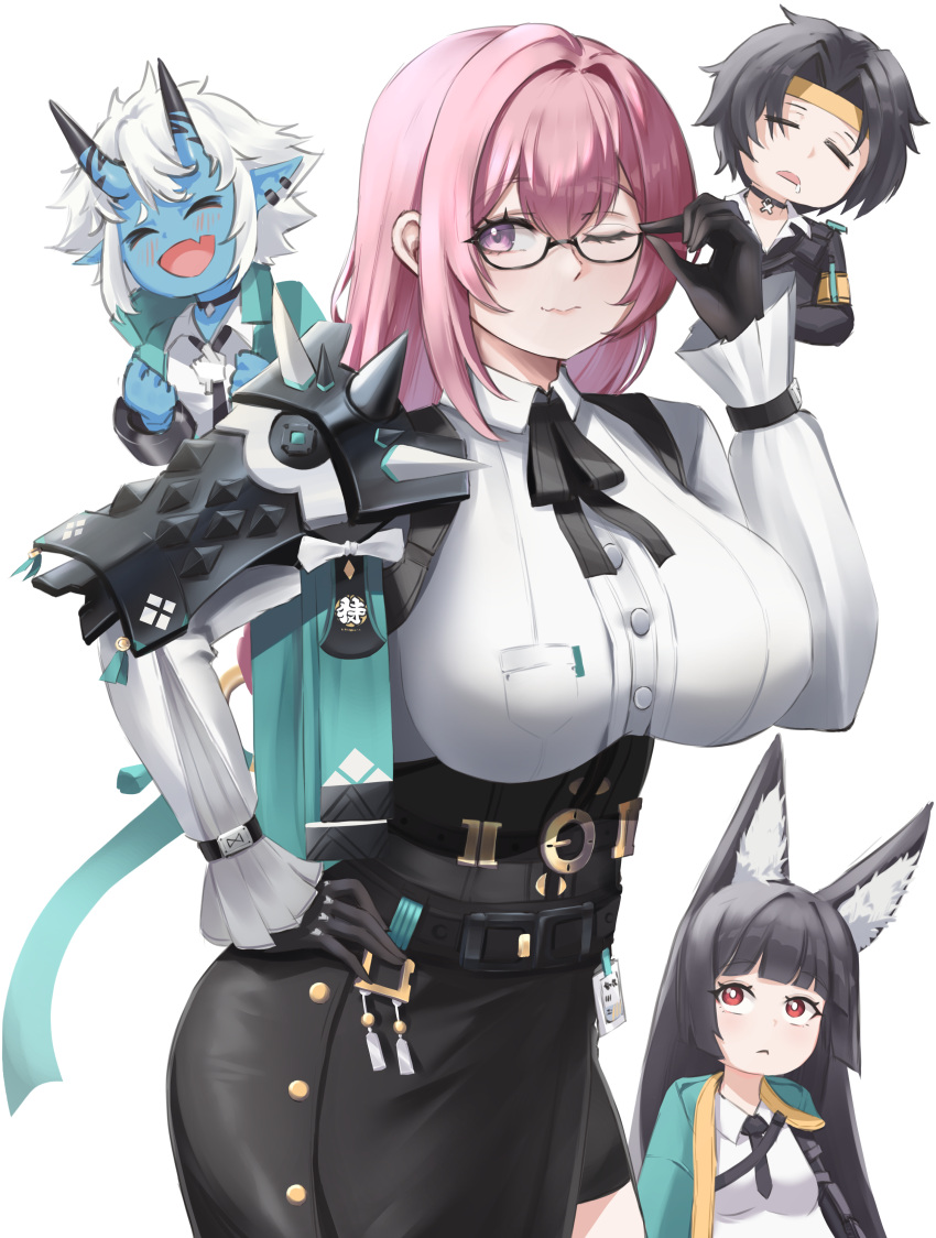 1boy 3girls absurdres animal_ear_fluff animal_ears armor asaba_harumasa black_gloves black_hair black_skirt blush breasts closed_eyes fox_ears fox_girl glasses gloves green_jacket hand_on_own_hip headband high-waist_skirt highres horns hoshimi_miyabi jacket jozahar large_breasts light_blush long_hair looking_at_another looking_at_viewer multiple_girls oerba_yun_fang one_eye_closed parted_bangs pink_eyes pink_hair pointy_ears short_hair shoulder_armor sidelocks simple_background skin_fang skirt sleeping smile soukaku_(zenless_zone_zero) tsukishiro_yanagi variant_set white_background white_hair yellow_headband zenless_zone_zero