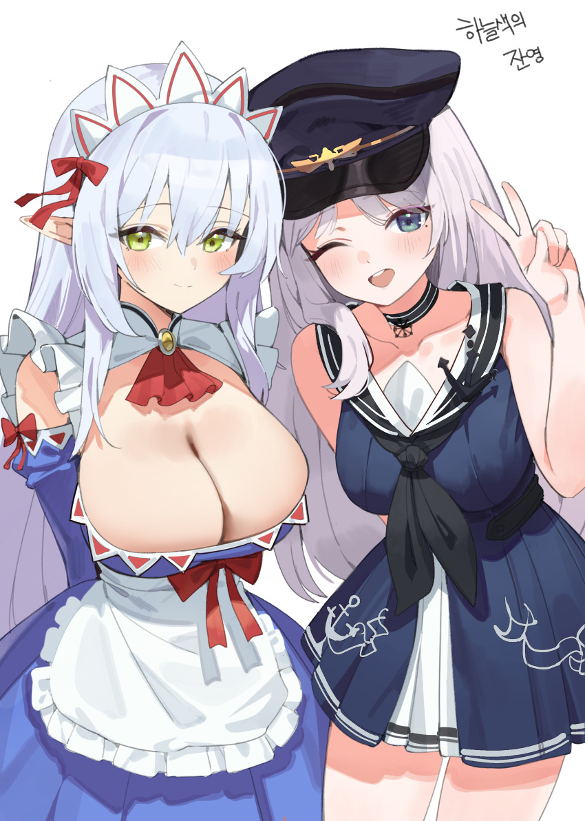 2girls ;d absurdres apron ascot bare_arms bare_shoulders black_choker black_hat blue_dress blue_eyes breasts choker cleavage closed_mouth commission cowboy_shot detached_sleeves dress green_eyes hand_up hat headdress highres large_breasts long_hair looking_at_viewer maid_apron medium_breasts mole mole_under_eye multiple_girls nogong one_eye_closed original peaked_cap pleated_dress pointy_ears red_ascot sleeveless sleeveless_dress smile v very_long_hair waist_apron white_hair