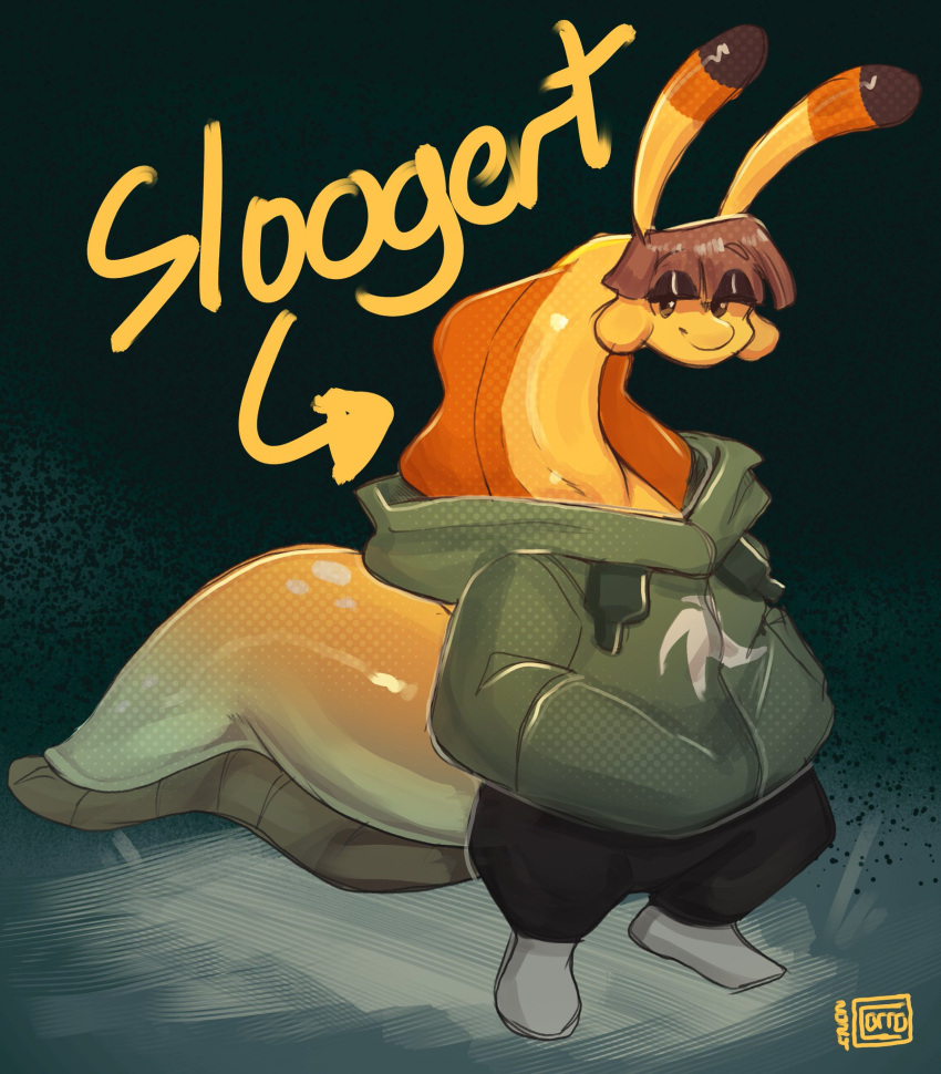 anthro banana_slug bowl_cut corromon femboy gastropod herbert_(slugrancher) hi_res invalid_tag male mollusk overweight slug smug solo tail thick_tail