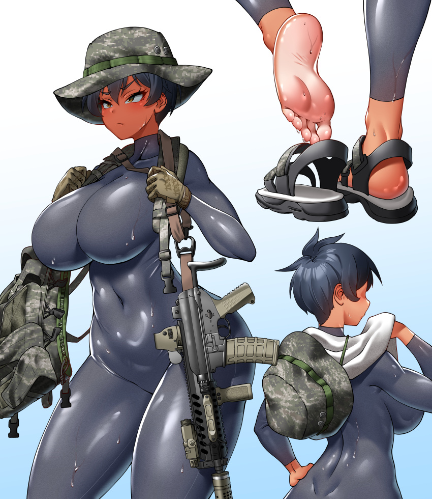 absurdres assault_rifle barefoot black_hair bodysuit boonie_hat breasts brown_gloves camouflage_headwear chest_rig closed_mouth collarbone covered_navel daewoo_k1 feet female gloves gun gun_sling hair_between_eyes highres hitch_(perotoss) laser_sight looking_ahead multiple_views optical_sight original paid_reward_available republic_of_korea_marine_corps rifle sandals sergeant_joo short_hair slit_pupils soles suppressor tan tanlines toes towel vertical_foregrip weapon wet yellow_eyes