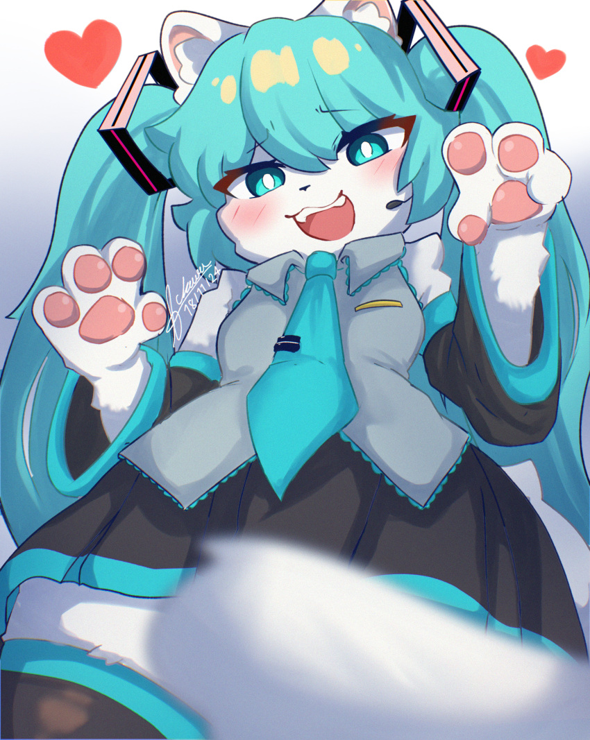 absurd_res anthro blue_eyes blue_hair blush bottomwear breasts clothed clothing digital_media_(artwork) felid feline felis female fu_kawa_(artist) fur genitals hair hatsune_miku hi_res legwear looking_at_viewer mammal open_mouth paws simple_background skirt solo tail vocaloid