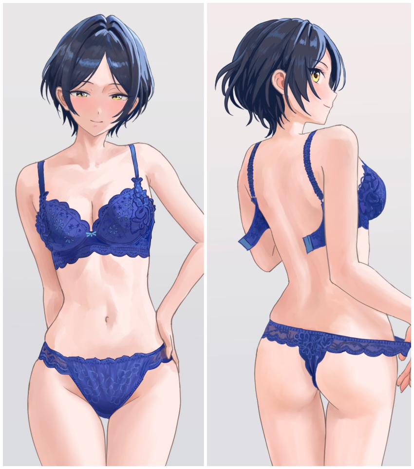 absurdres ass back black_hair blue_bra blue_panties blush border bra breasts cleavage collarbone female grey_background groin hayami_kanade highres idolmaster idolmaster_cinderella_girls light_smile lingerie medium_breasts multiple_views panties parted_bangs profile short_hair simple_background stomach thighhighs underwear underwear_only undone_bra user_cvse5287 white_border yellow_eyes