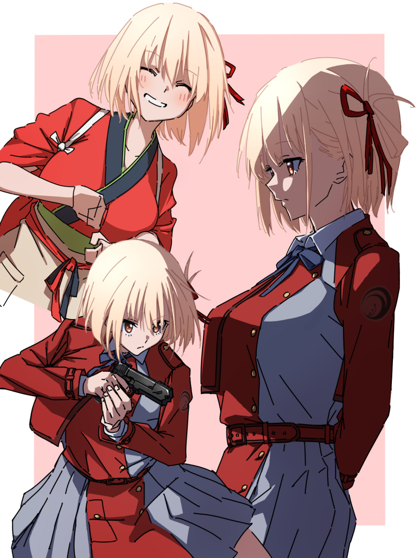 belt blonde_hair border breasts brown_eyes closed_eyes closed_mouth commentary_request dress female grey_dress gun hair_ribbon handgun highres holding holding_gun holding_weapon japanese_clothes kame_0_0_kame kimono large_breasts lycoris_recoil lycoris_uniform m1911 multiple_views nishikigi_chisato outside_border parted_lips partial_commentary pink_background pleated_dress red_belt red_dress red_kimono red_ribbon ribbon school_uniform short_hair smile two-tone_dress weapon white_border