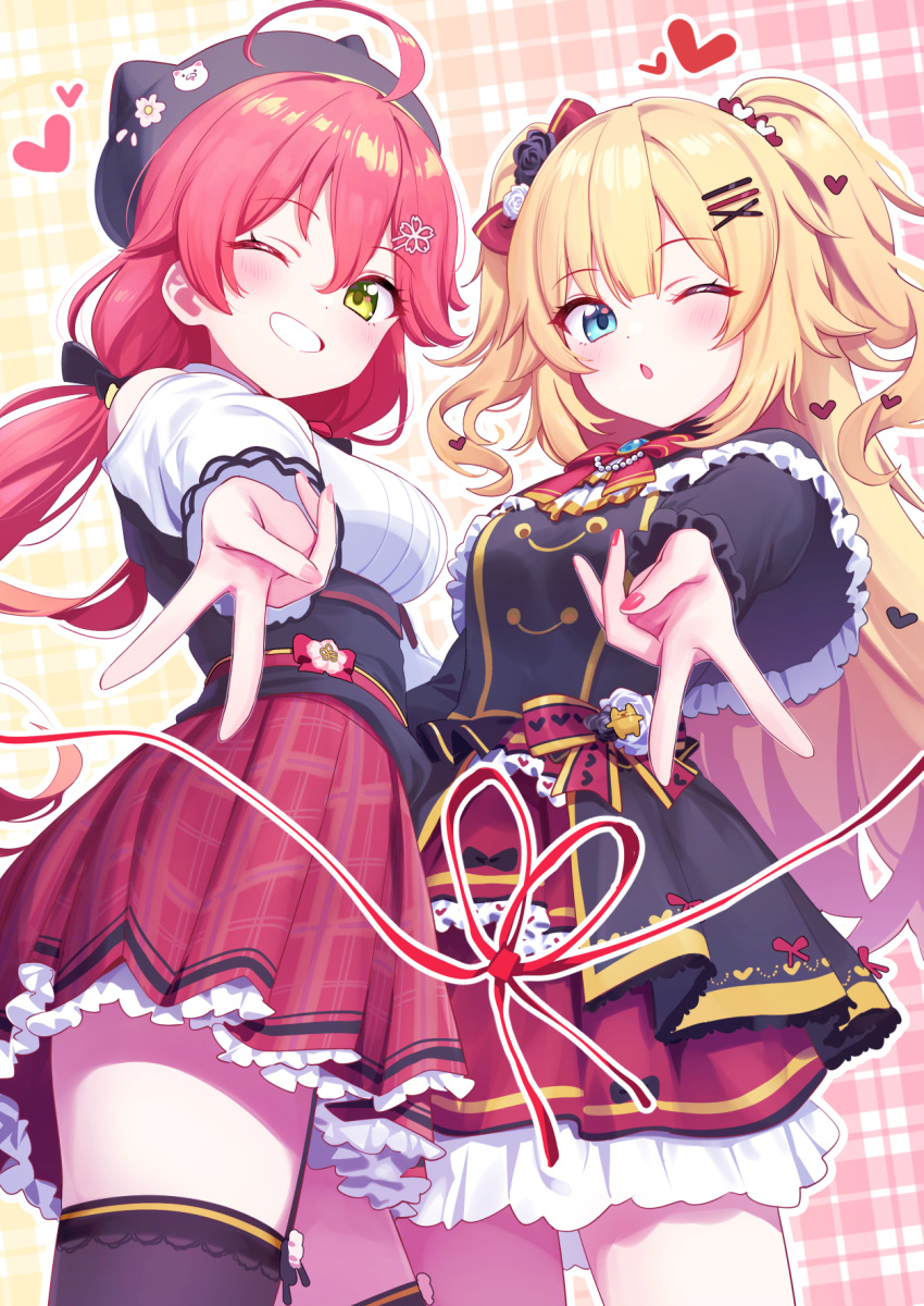 2girls ;o ahoge akai_haato akai_haato_(gothic_lolita) black_dress black_hat black_thighhighs blonde_hair blue_eyes bow commentary_request deadnooodles dress gothic_lolita green_eyes gyaru_v hair_ornament hairbow hat heart heart_hair_ornament highres hololive lolita_fashion long_hair looking_at_viewer low_twintails miniskirt multiple_girls official_alternate_costume one_eye_closed parted_bangs pink_hair plaid_clothes plaid_skirt red_bow red_skirt revision sakura_miko sakura_miko_(casual) skirt smile thighhighs thighs twintails two_side_up v virtual_youtuber x_hair_ornament zettai_ryouiki