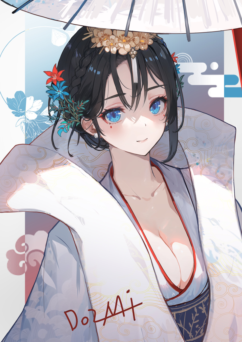 black_hair blue_eyes breasts chinese_clothes cleavage collarbone do2mi_doreimi female flower hagoromo hair_flower hair_ornament hanfu highres huadian large_breasts looking_at_viewer original parasol sash shawl solo umbrella upper_body zhijupao