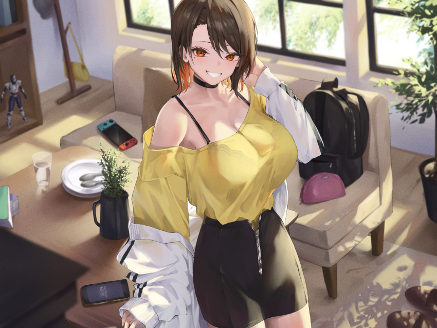 backpack bag black_bra black_choker black_hair black_skirt bookshelf bra breasts cellphone chair choker cleavage coat colored_inner_hair couch cushion female handbag highres large_breasts long_sleeves looking_at_viewer mole mole_under_eye multicolored_hair nintendo_switch non-web_source orange_eyes orange_hair original phone plant plate potted_plant renge_(730) rug shirt skirt smartphone solo spoon standing table teeth two-tone_hair underwear unzipped white_coat window wooden_floor yellow_shirt