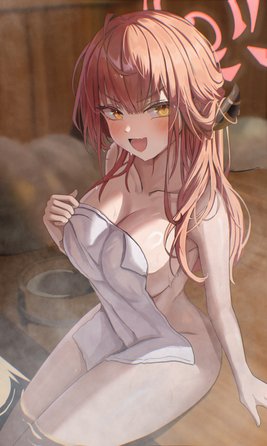 absurdres aru_(blue_archive) blue_archive breasts bucket collarbone commentary demon_girl demon_horns female halo highres horns large_breasts long_hair looking_at_viewer naked_towel oerba_yun_fang open_mouth orange_eyes red_eyes red_hair red_halo sideboob sitting skin_fang smile solo towel v-shaped_eyebrows wooden_bucket zzirit6