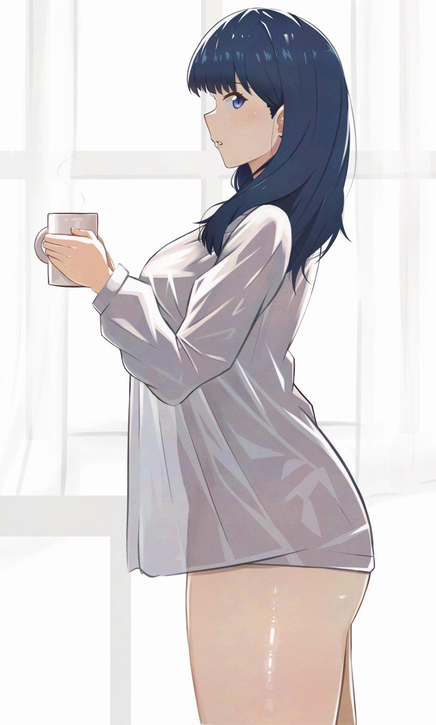 absurdres ass black_hair blue_eyes blush breasts cup dress_shirt female gridman_universe gridman_universe_(film) highres holding holding_cup long_hair long_sleeves looking_at_viewer mug open_mouth parted_lips see-through_clothes shee-p_(inemurisheep113) shirt solo takarada_rikka thighs white_shirt window