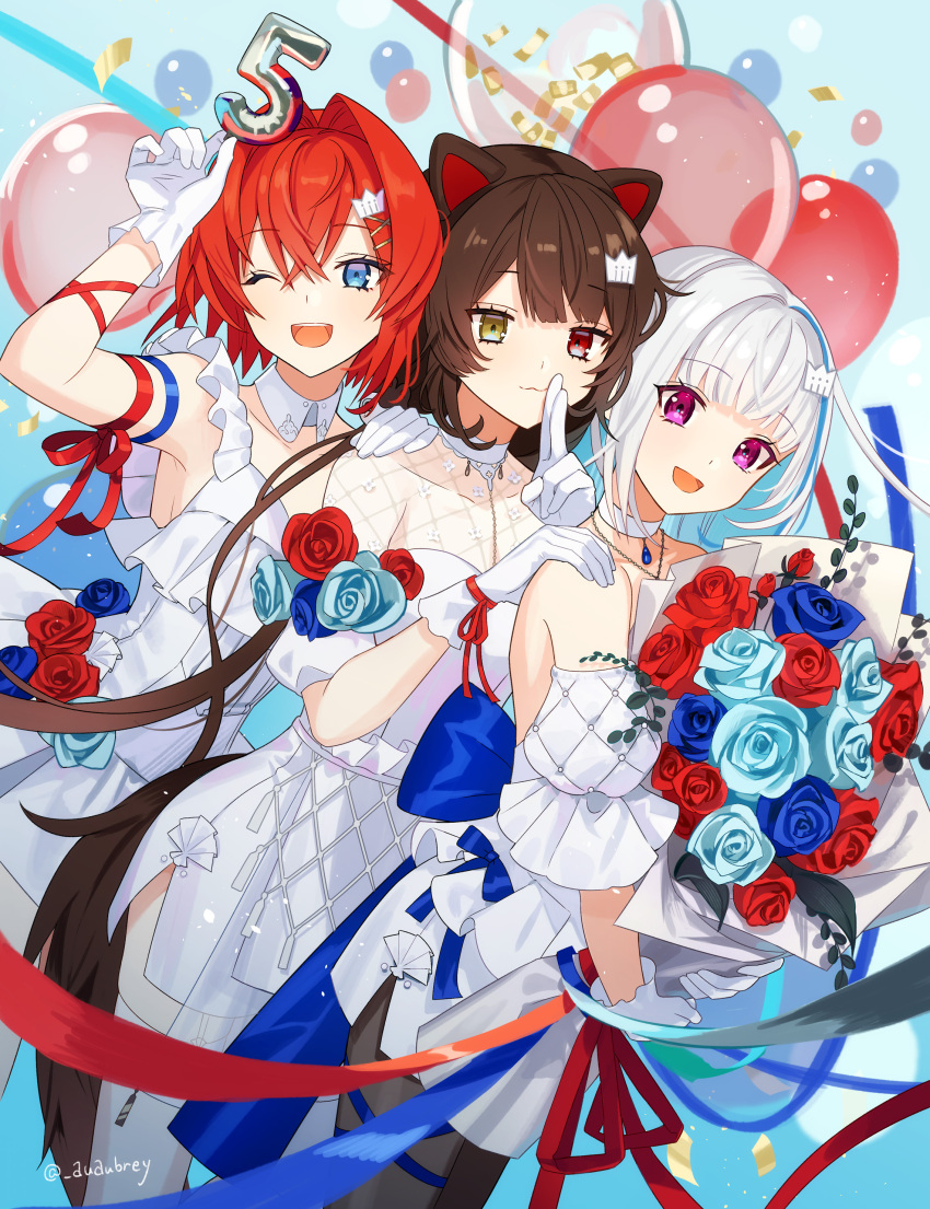 3girls :3 :d absurdres alternate_costume ange_katrina animal_ears anniversary aqua_flower aqua_rose arm_ribbon arm_up bad_id bad_twitter_id balloon blue_background blue_eyes blue_flower blue_gemstone blue_hair blue_ribbon blue_rose blunt_bangs bouquet brown_hair choker closed_mouth colored_inner_hair confetti crossed_bangs crown_hair_ornament detached_collar detached_sleeves dog_ears dog_girl dog_tail dress dress_flower dutch_angle feet_out_of_frame finger_to_mouth flower frilled_dress frills gem gloves hair_between_eyes hair_intakes hair_ornament hairpin hand_on_another's_shoulder heterochromia highres holding holding_balloon holding_bouquet inui_toko kyarairo leg_ribbon lize_helesta long_bangs long_hair looking_at_viewer low_twintails matching_outfits multicolored_hair multiple_girls multiple_hairpins nijisanji number_balloon one_eye_closed open_mouth pantyhose pendant_choker purple_eyes quilted_clothes red_eyes red_flower red_hair red_ribbon red_rose ribbon rose sanbaka_(nijisanji) short_dress short_hair short_sleeves side_slit sleeveless sleeveless_dress smile streaked_hair tail teeth thigh_ribbon thighhighs twintails twitter_username two-tone_hair upper_teeth_only very_long_hair virtual_youtuber white_choker white_dress white_gloves white_hair white_thighhighs wrist_ribbon yellow_eyes