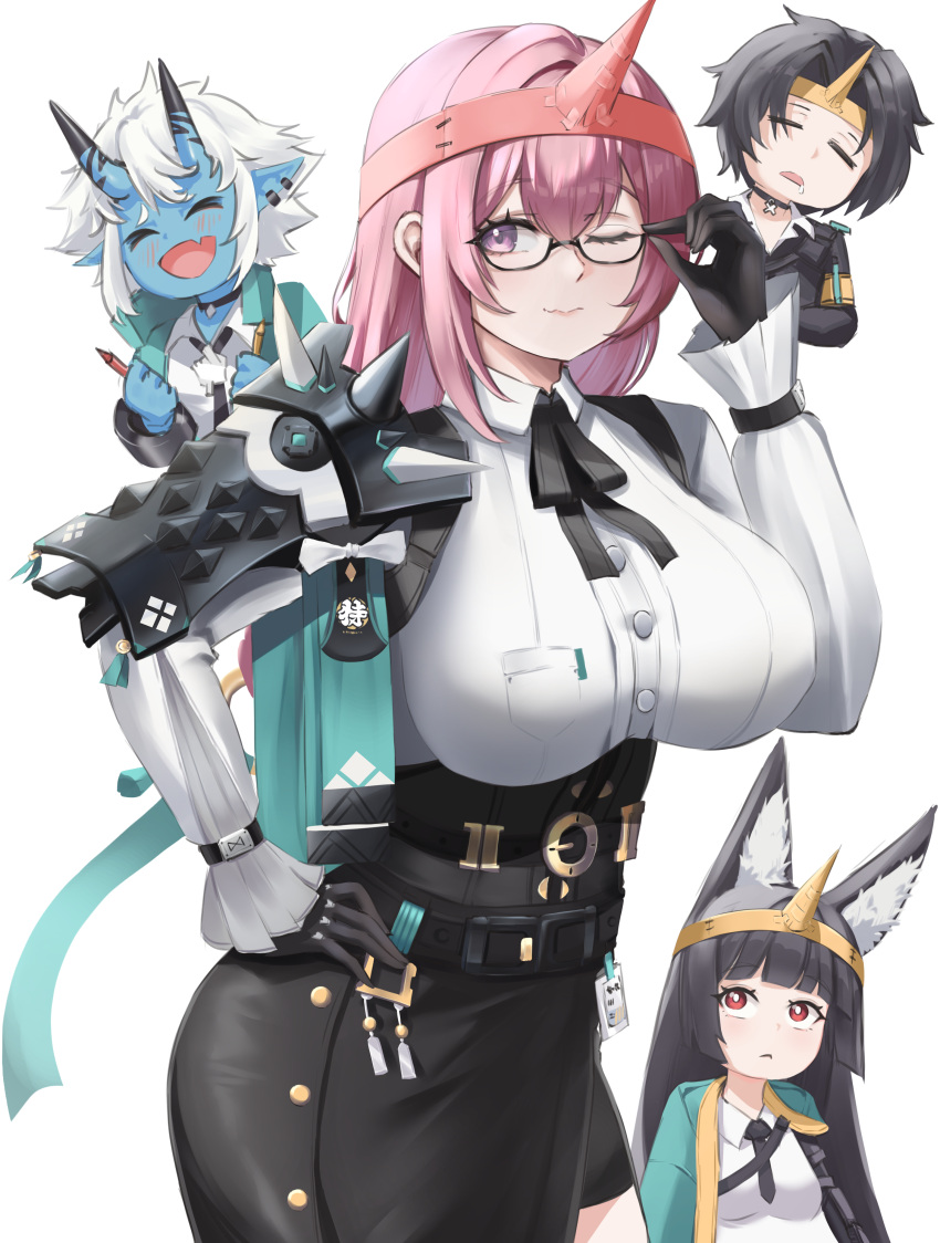 1boy 3girls absurdres animal_ear_fluff animal_ears armor asaba_harumasa black_gloves black_hair black_skirt blush breasts closed_eyes fox_ears fox_girl glasses gloves green_jacket hand_on_own_hip headband high-waist_skirt highres horns hoshimi_miyabi jacket jozahar large_breasts light_blush long_hair looking_at_another looking_at_viewer multiple_girls oerba_yun_fang one_eye_closed parted_bangs pink_eyes pink_hair pointy_ears short_hair shoulder_armor sidelocks simple_background skin_fang skirt sleeping smile soukaku_(zenless_zone_zero) tsukishiro_yanagi variant_set white_background white_hair yellow_headband zenless_zone_zero