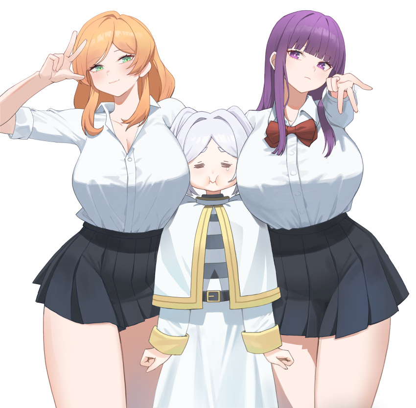 3girls =_= absurdres alternate_costume black_skirt breasts closed_mouth contemporary elf fern_(sousou_no_frieren) flamme_(sousou_no_frieren) frieren green_eyes height_difference highres large_breasts long_hair looking_at_viewer multiple_girls oro_(lsg0624) pointy_ears purple_hair sandwiched school_uniform shirt simple_background skirt smile sousou_no_frieren time_paradox white_background white_hair white_shirt