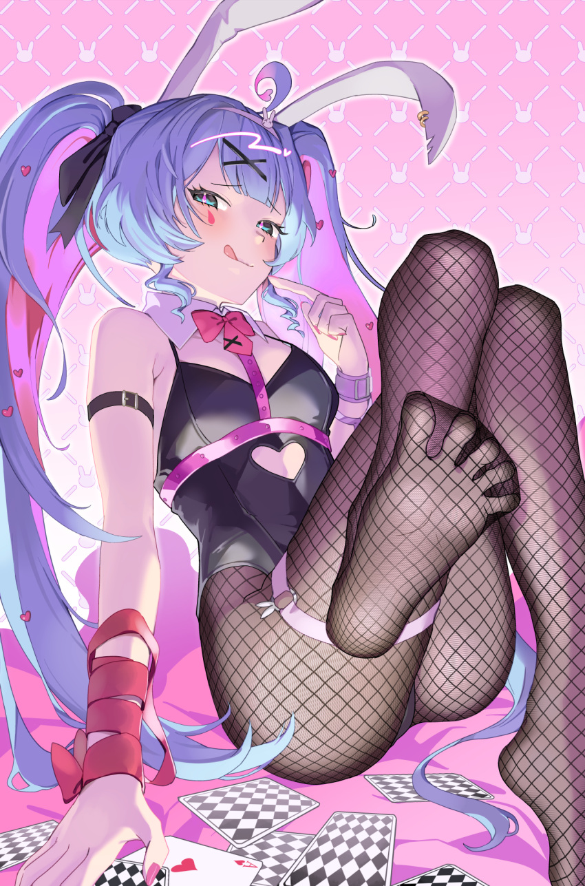 ace_(playing_card) ace_of_hearts animal_ears bare_shoulders barefoot black_leotard black_pantyhose blue_eyes blue_hair blush bow bowtie breasts card clothing_cutout crossed_legs cutout_above_navel detached_collar fake_animal_ears female fishnets hair_ornament hatsune_miku heart heart_cutout highres ishidapam leotard licking_lips long_hair looking_at_viewer pantyhose pink_pupils playboy_bunny playing_card rabbit_ears rabbit_hole_(vocaloid) ribbon sitting smile solo teardrop_facial_mark tongue tongue_out twintails vocaloid x_hair_ornament