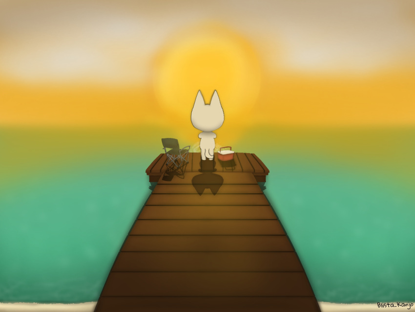 2024 4:3 ambiguous_gender anthro blista_kanjo default_webfisher digital_drawing_(artwork) digital_media_(artwork) docks domestic_cat felid feline felis fishing fishing_rod fur hi_res mammal rear_view sea shaded solo sun sunset tail water webfishing white_body