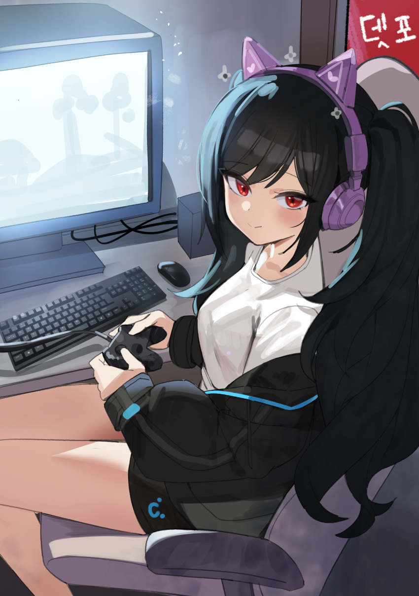 absurdres animal_ear_headphones animal_ears axent_wear black_jacket black_shorts cat_ear_headphones closed_mouth commission computer computer_keyboard controller fake_animal_ears female game_controller headphones highres holding holding_controller holding_game_controller jacket long_hair long_sleeves looking_at_viewer looking_back nogong off_shoulder original puffy_long_sleeves puffy_sleeves red_eyes shirt short_shorts shorts sitting smile solo swivel_chair thighs twintails very_long_hair white_shirt