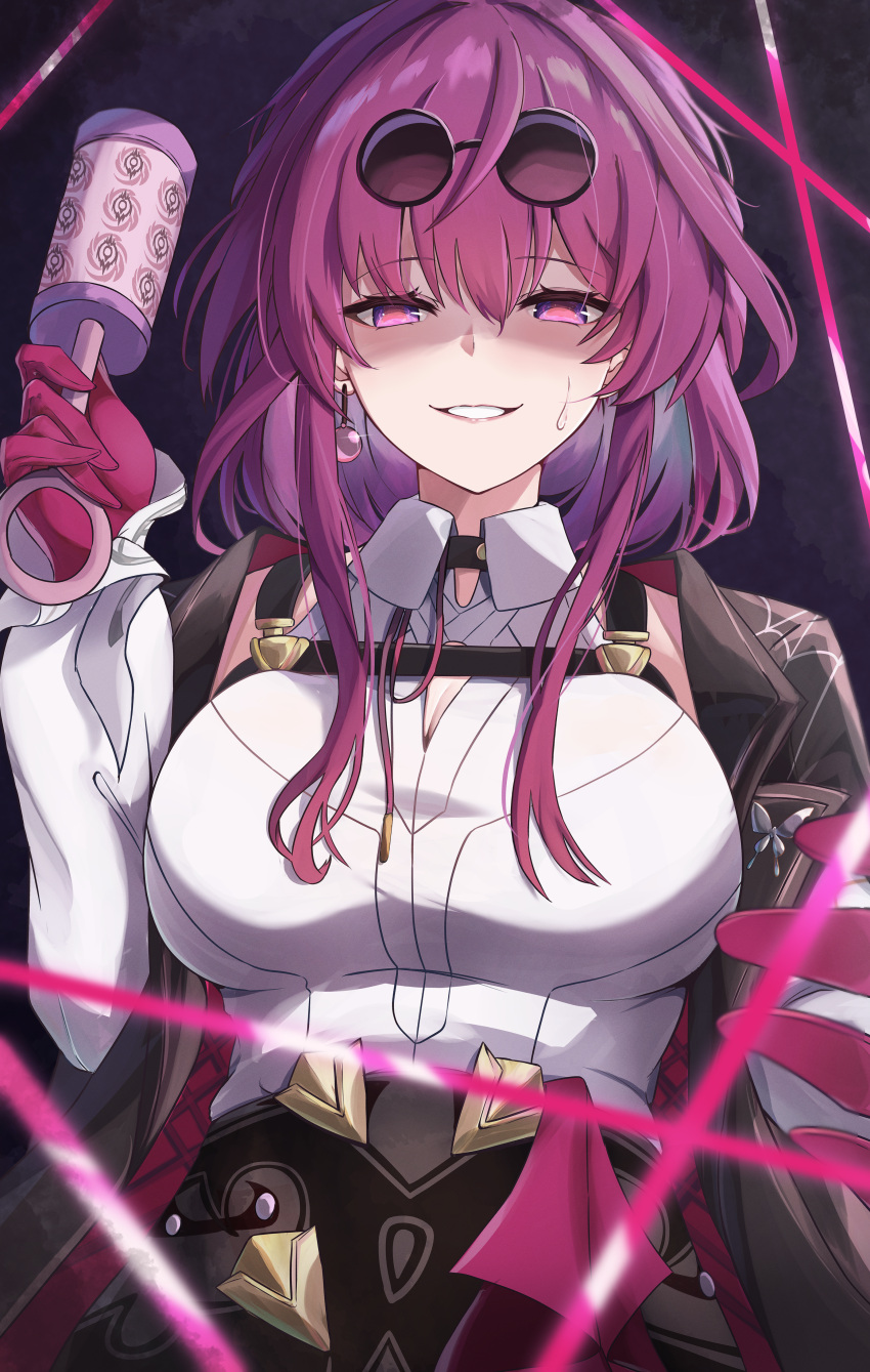 absurdres breasts collared_shirt commentary_request eyewear_on_head female gloves highres holding honkai:_star_rail honkai_(series) kafka_(honkai:_star_rail) large_breasts long_hair long_sleeves looking_at_viewer open_mouth pince-nez purple_eyes purple_gloves purple_hair shirt shirt_tucked_in solo sunglasses upper_body white_hair wimawi