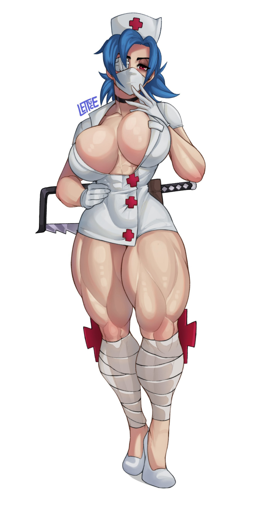 absurdres artist_name bandaged_leg bandages black_choker blue_hair breasts choker cleavage coat eyepatch female full_body gloves hat highres lab_coat large_breasts lettuce_uwu mask mouth_mask muscular muscular_female nurse_cap red_eyes simple_background skullgirls solo surgical_mask valentine_(skullgirls) white_background white_coat white_footwear white_gloves white_hat white_mask