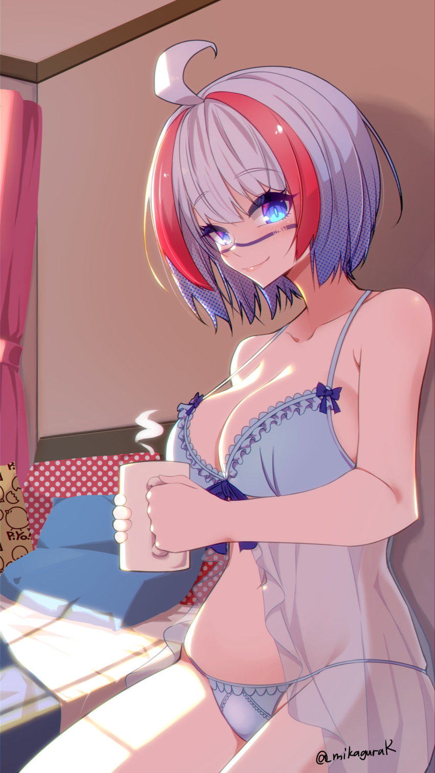 absurdres ahoge babydoll bed blue_eyes breasts cleavage closed_mouth collarbone commission cup curtains eyelashes facial_mark female grey_hair highres holding holding_cup indie_virtual_youtuber mikagura multicolored_hair navel onolumi_(vtuber) panties pillow red_hair see-through_clothes shadow short_hair skeb_commission solo streaked_hair twitter_username underwear virtual_youtuber white_babydoll white_panties