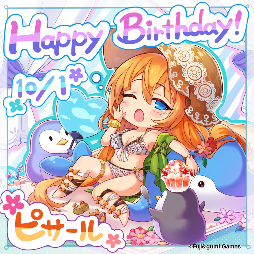 animal_print bikini bird birthday blue_eyes blush blush_stickers border breasts character_name chibi cleavage commentary_request company_name copyright_notice dated fanning_face female fish_print flower food full_body g-row hair_between_eyes hair_flower hair_ornament hand_fan hand_up happy_birthday hat highres holding holding_fan holding_spoon long_hair looking_at_viewer official_alternate_costume official_art one_eye_closed open_mouth orange_hair paper_fan penguin phantom_of_the_kill pisarl_(phantom_of_the_kill) sandals second-party_source shaved_ice sitting spoon sun_hat swimsuit tearing_up towel uchiwa unworn_footwear very_long_hair whale white_bikini yawning