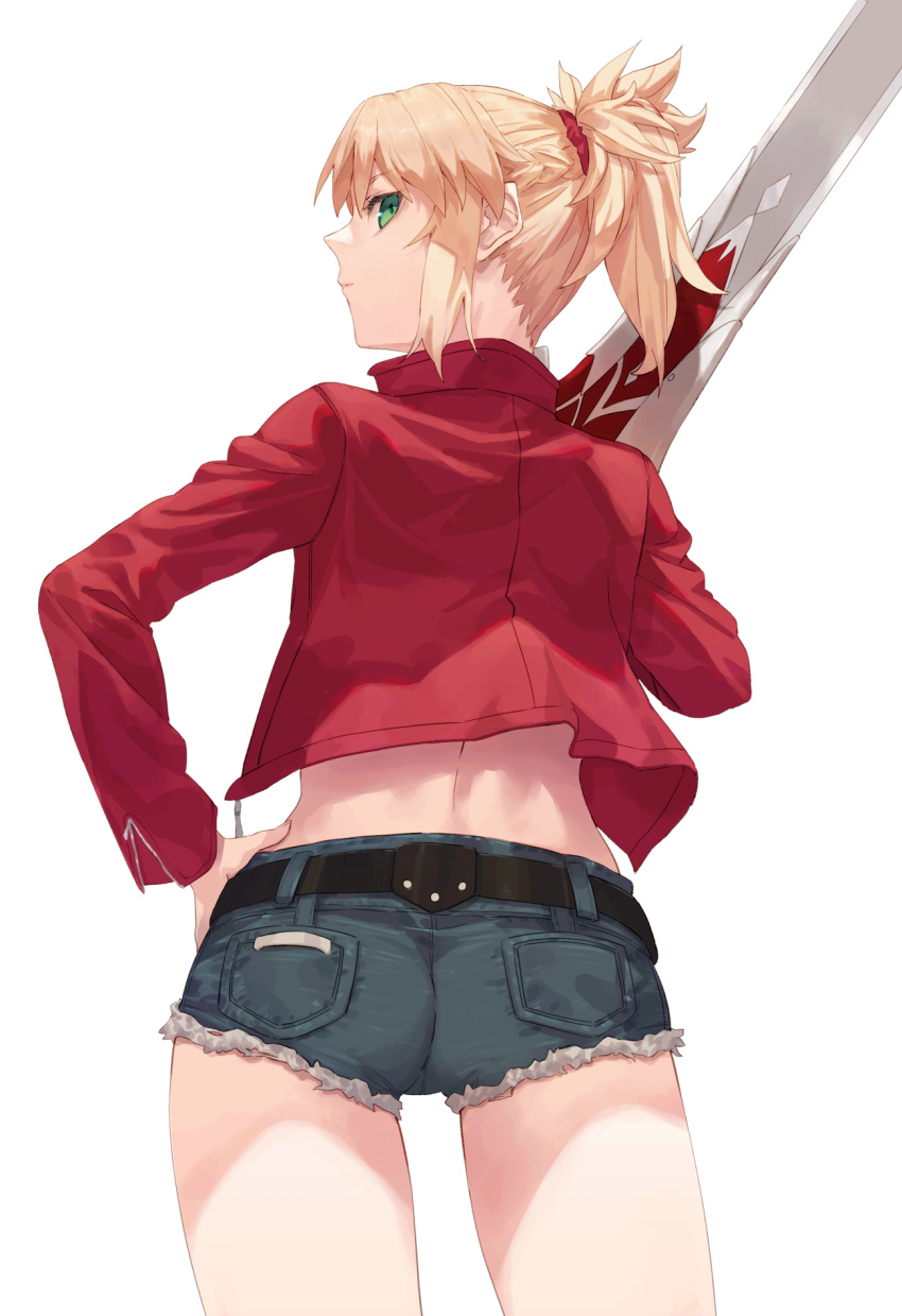 ass back belt blonde_hair blue_shorts braid clarent_(fate) cutoffs denim denim_shorts fate/apocrypha fate/grand_order fate_(series) female green_eyes highres jacket long_hair long_sleeves looking_at_viewer looking_back mordred_(fate) mordred_(fate/apocrypha) mordred_(memories_at_trifas)_(fate) parted_bangs ponytail red_jacket short_shorts shorts sidelocks solo sword tesin_(7aehyun) thighs weapon