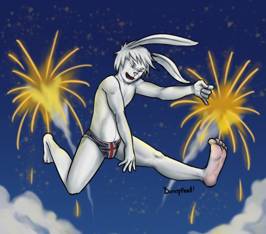 2020 5_fingers 5_toes air_guitar anthro barefoot big_feet biped bunnyfeet claws clothed clothing cloud digital_drawing_(artwork) digital_media_(artwork) feet fingers fireworks flag_underwear full_foot_pawpads fur hair jumping lagomorph leporid male mammal night paws plantigrade rabbit sky solo toe_claws toes underwear underwear_only union_jack vinny_(pyro-bunny) white_body white_fur white_hair