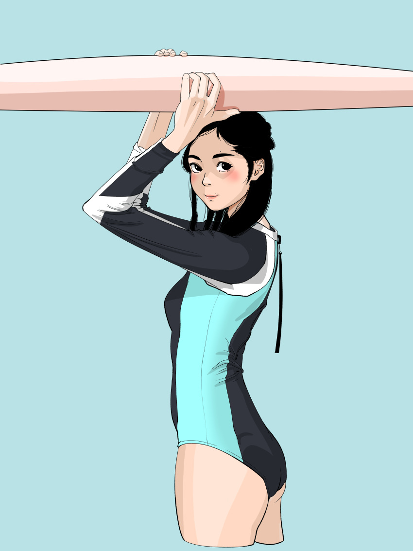 absurdres arms_up black_eyes black_hair blue_background commentary_request female from_side highres holding holding_surfboard long_hair one-piece_swimsuit original sakamoto_giulietta simple_background sleeved_one-piece_swimsuit solo surfboard surfing swimsuit