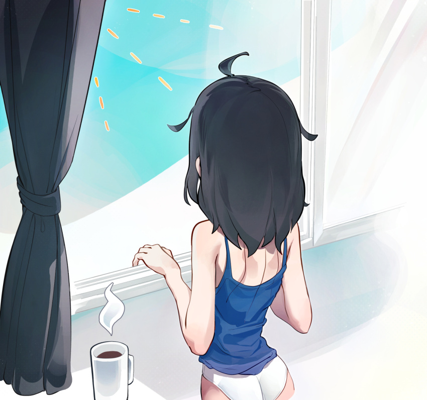 ass bare_arms bare_shoulders black_hair blue_camisole camisole coffee coffee_mug cup curtains female from_behind highres medium_hair messy_hair mo0o0rae mug no_pants panties senpai_ga_uzai_kouhai_no_hanashi solo tsukishiro_mona_(shiromanta) underwear upper_body white_panties window