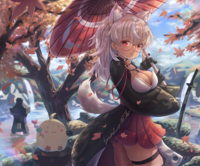 absurdres akagi_(azur_lane) akagi_(azur_lane)_(cosplay) animal_ears autumn_leaves azur_lane black_gloves black_kimono blue_sky breasts cleavage commission cosplay cowboy_shot female from_side glasses gloves highres holding holding_umbrella japanese_clothes kimono leaf manjuu_(azur_lane) maple_leaf medium_breasts oil-paper_umbrella outdoors partially_fingerless_gloves planted planted_sword red_eyes red_skirt round_eyewear skeb_commission skirt sky solo sword thigh_strap tree umbrella virtual_youtuber water weapon zusshii_(libertasgenesis)