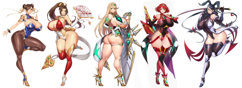 5girls absurdres adapted_costume aegis_sword_(xenoblade) alternate_breast_size arm_armor armor armored_boots armored_leotard ass ass_visible_through_thighs bare_shoulders bayonetta bayonetta_(series) bayonetta_3 black_hair blonde_hair blue_leotard blush boots bracelet braided_twintails breasts brown_eyes brown_hair brown_pantyhose chest_jewel chun-li cleavage cleavage_cutout closed_mouth clothing_cutout core_crystal_(xenoblade) cosplay covered_navel covered_nipples crossover curvy detached_collar detached_sleeves double_bun dress earrings elbow_gloves fatal_fury floating_earring floral_print full_body gauntlets gem glasses gloves gold_trim gurimjang hair_bun hair_ornament hand_fan hand_up headpiece high_heel_boots high_heels high_ponytail highleg highleg_leotard highres holding holding_sword holding_weapon huge_ass huge_breasts huge_weapon impossible_clothes jewelry katana kneepits large_breasts leg_up leotard light_smile linea_alba lips lipstick long_hair long_legs looking_at_viewer makeup mature_female microdress mizuki_shiranui mizuki_shiranui_(cosplay) multicolored_hair multiple_girls mythra_(xenoblade) navel open_hands pantyhose parted_bangs ponytail pyra_(xenoblade) red_eyes red_hair red_shorts revealing_clothes shin_guards shiny_clothes shiny_skin shiranui_mai short_hair shorts sideboob simple_background skin_tight skindentation sleeveless sleeveless_leotard smile spiked_bracelet spikes standing standing_on_one_leg street_fighter swept_bangs sword taimanin_(series) taimanin_suit taimanin_yukikaze the_king_of_fighters thick_thighs thigh_gap thighhighs thighs tiara toeless_legwear toenails toes twintails twisted_torso two-tone_hair very_long_hair weapon white_background wide_hips xenoblade_chronicles_(series) xenoblade_chronicles_2 yellow_eyes