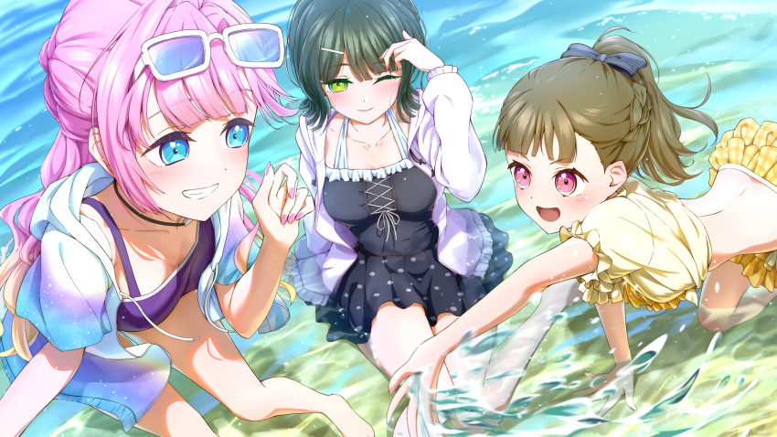 3girls :d ;) all_fours anyoji_hime anyoji_hime_(swimsuit) back barefoot beach bent_over bikini black_one-piece_swimsuit black_ribbon blue-tinted_eyewear blue_eyes blunt_bangs blush breasts brown_hair center_cross_lace cleavage closed_mouth collarbone commentary_request covered_navel cross-laced_clothes cross-laced_one-piece_swimsuit eyewear_on_head flipped_hair frilled_bikini frilled_one-piece_swimsuit frills gradient_clothes gradient_jacket green_eyes green_hair grin hair_intakes hair_ornament hair_ribbon hairclip half_up_braid half_updo highres hood hood_down hooded_jacket jacket jacket_over_swimsuit kachimachi_kosuzu kachimachi_kosuzu_(swimsuit) link!_like!_love_live! long_hair looking_at_another love_live! medium_breasts medium_hair momose_ginko momose_ginko_(swimsuit) multiple_girls official_alternate_costume one-piece_swimsuit one_eye_closed open_clothes open_jacket open_mouth outdoors pink_eyes pink_hair pink_nails polka_dot_one-piece_swimsuit ponytail prbili purple_bikini ribbon short-sleeved_jacket short_hair short_sleeves sidelocks sitting smile standing swept_bangs swimsuit swimsuit_skirt tied_jacket tinted_eyewear v-shaped_eyebrows virtual_youtuber wariza wavy_hair white-framed_eyewear white_jacket yellow_bikini yellow_jacket