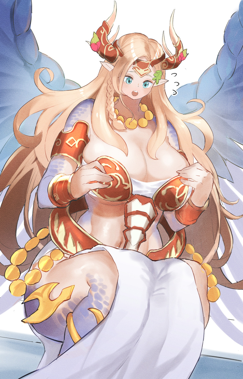 bare_shoulders blonde_hair blue_eyes blush breasts commission dougaku_(passionpit777) dragon_girl dragon_horns dragon_wings dress duel_monster embarrassed feathered_wings female hair_ornament hands_on_own_chest highres horns huge_breasts jewelry large_breasts leaf leaf_on_head navel necklace pelvic_curtain saffira_dragon_queen_of_the_voiceless_voice simple_background sitting solo teeth upper_teeth_only white_background wings wrist_cuffs yu-gi-oh!