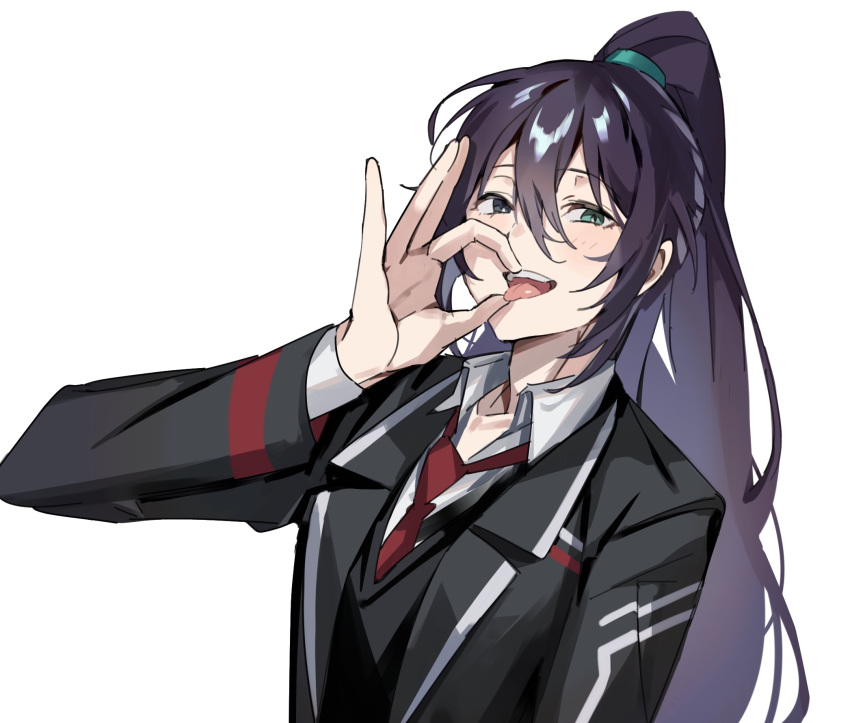 1boy aqua_eyes black_coat black_eyes black_hair black_vest coat collared_shirt fellatio_gesture heterochromia highres hong_lu_(project_moon) large_hands limbus_company long_hair long_sleeves looking_at_viewer mu46016419 necktie ok_sign ponytail project_moon red_necktie sexually_suggestive shirt simple_background solo very_long_hair vest white_background white_shirt