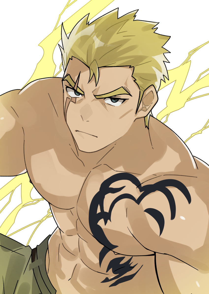 1boy abs absurdres bara blonde_hair chest_tattoo electricity electrokinesis fairy_tail highres large_pectorals laxus_dreyar looking_at_viewer masa.hiro muscular muscular_male no_nipples nude pectorals short_hair sideburns solo tattoo tsurime upper_body