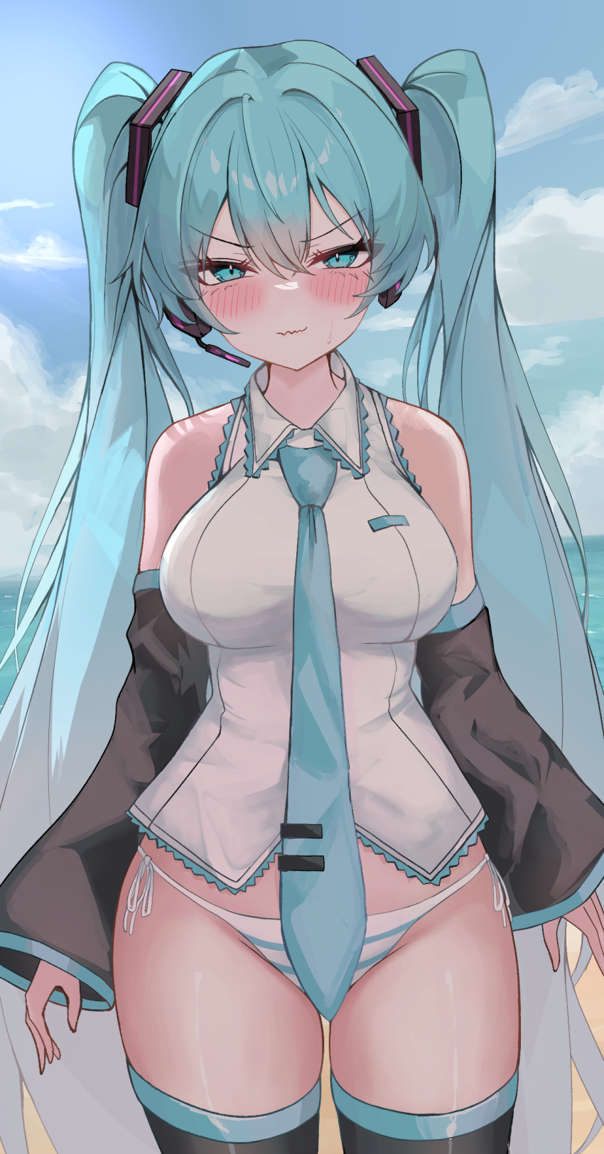 aqua_bikini aqua_eyes aqua_necktie bare_shoulders beach bikini bikini_bottom_only black_footwear blush boots breasts cloud cloudy_sky day detached_sleeves eikawa_suru female hatsune_miku headset highres long_hair looking_at_viewer necktie no_pants ocean outdoors shirt side-tie_bikini_bottom sky sleeveless sleeveless_shirt solo squinting standing striped_bikini striped_clothes swimsuit thigh_boots thighs tsurime twintails two-tone_bikini v-shaped_eyebrows very_long_hair vocaloid wavy_mouth white_bikini white_shirt