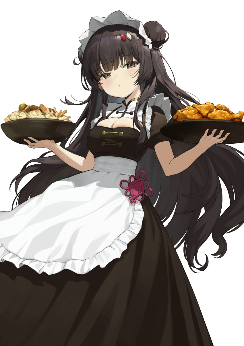 absurdres apron bird black_hair breasts brown_eyes chicken cleavage cleavage_cutout clothing_cutout commentary_request commission double_bun dress female food frilled_apron frills hair_bun hair_ornament highres holding holding_tray korean_commentary large_breasts long_dress long_hair looking_at_viewer maid maid_apron maid_headdress nogong original parted_lips short_sleeves simple_background skindentation solo tray very_long_hair white_background