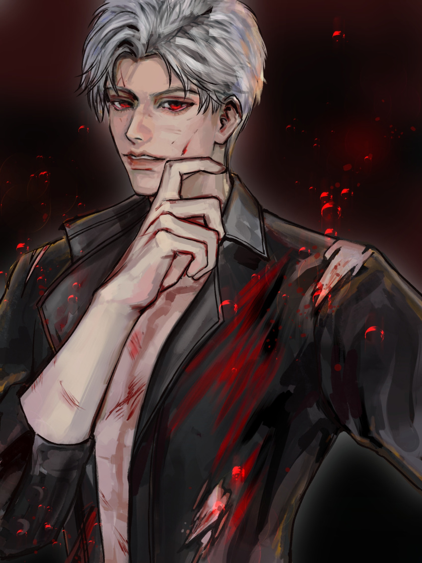 1boy abs black_background black_coat blood blood_on_arm blood_on_chest blood_on_clothes blood_on_face blood_on_pectorals chinese_commentary coat collared_coat commentary_request curtained_hair eyelashes gradient_outline highres lips long_sleeves looking_at_viewer looking_to_the_side love_and_deepspace male_focus nose open_clothes open_coat outline parted_lips red_background red_eyes scratches short_hair solo sylus_(love_and_deepspace) toned toned_male torn_clothes torn_coat upper_body user_acam5372 white_hair white_outline