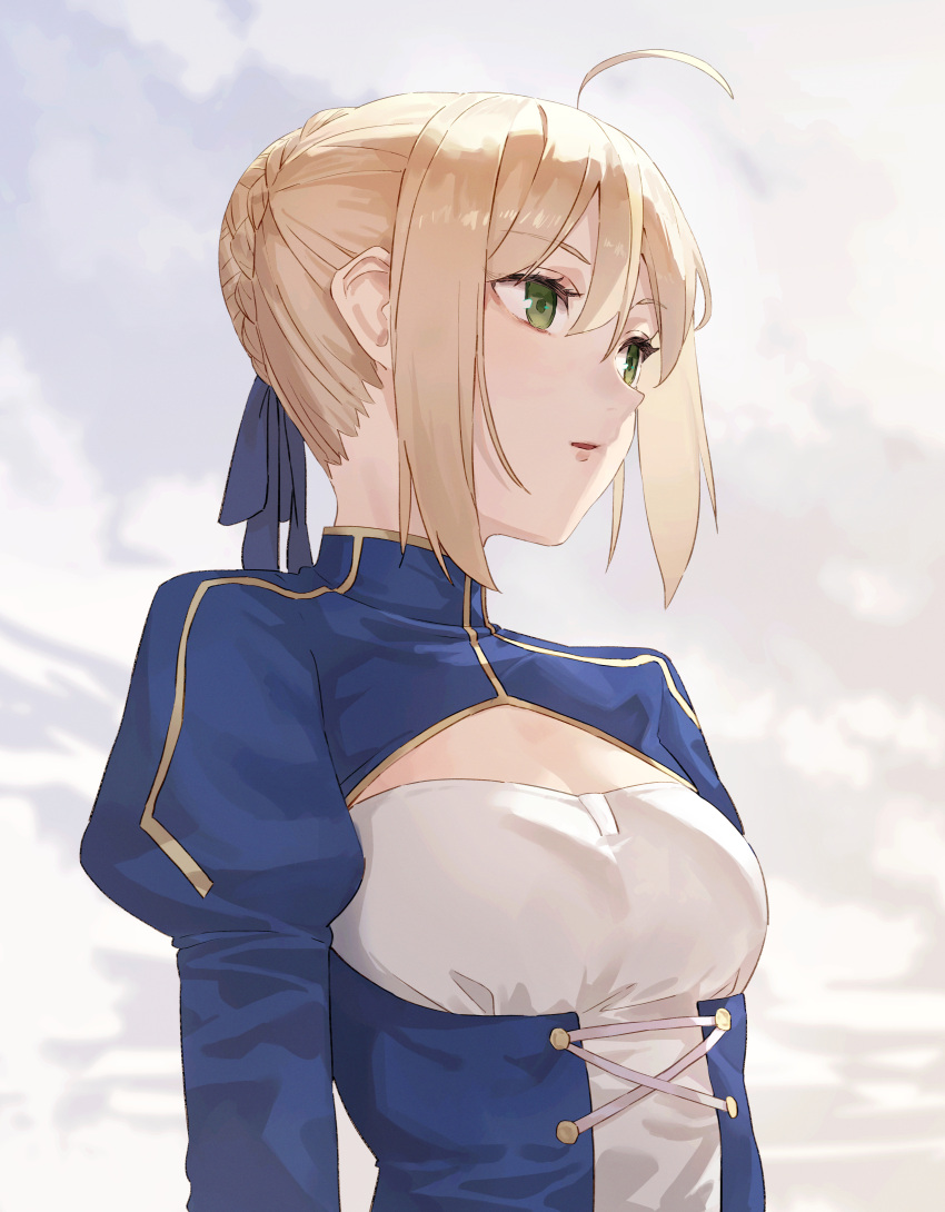 absurdres ahoge artoria_pendragon_(fate) blonde_hair blue_dress blue_ribbon breasts cleavage cleavage_cutout clothing_cutout cloud dress fate_(series) female green_eyes hair_ribbon hair_up highres juliet_sleeves long_sleeves looking_afar medium_breasts outdoors puffy_sleeves ribbon saber_(fate) sidelocks sky solo standing tesin_(7aehyun) two_side_up upper_body white_dress