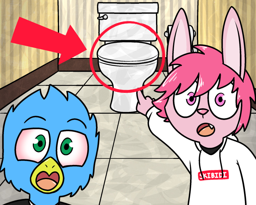 5:4 anthro avian bathroom bird clothed clothing da_silva fur hair hi_res high hoodie klace_(pokefound) lagomorph leporid male mammal pokefound rabbit skibidi_toilet sonny_boop toilet topwear