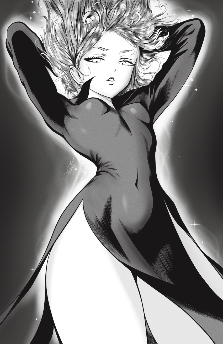 absurdres arms_behind_head arms_up artist_name breasts commentary covered_navel dress female glowing greyscale highres long_sleeves looking_at_viewer monochrome mostlybluewyatt one-punch_man parted_lips petite short_hair signature simple_background small_breasts solo sparkle tatsumaki thighs