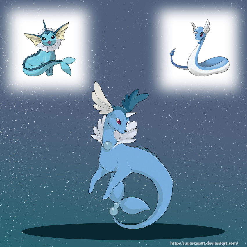 1:1 ambiguous_gender beady_eyes biped blue_body dragonair eeveelution feral generation_1_pokemon hi_res horn hybrid milk-jug mouth_closed nintendo pokemon pokemon_(species) quadruped red_eyes side_view sitting solo text url vaporeon white_body