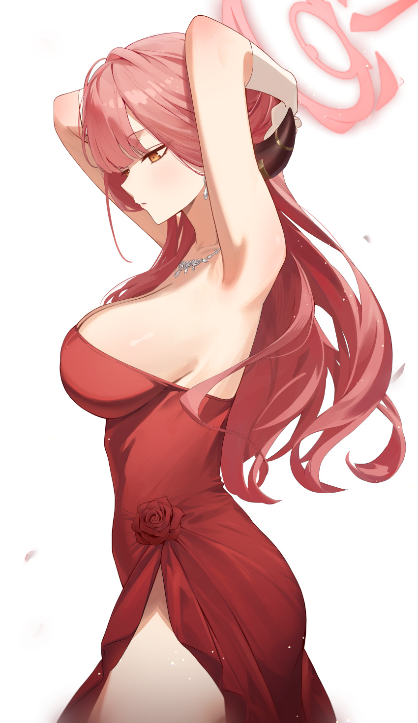 absurdres armpits arms_up aru_(blue_archive) aru_(dress)_(blue_archive) bare_shoulders blue_archive breasts cleavage commentary_request demon_girl demon_horns dress dress_flower dust_(mth) evening_gown female flower halo highres horns jewelry large_breasts long_hair looking_down necklace orange_eyes pink_halo red_dress red_flower red_hair red_rose rose side_slit sideboob simple_background skindentation solo strapless strapless_dress white_background