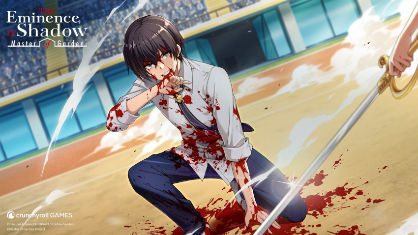 1boy artist_request black_hair blood blood_from_mouth blood_on_clothes blood_on_hands blood_splatter blue_necktie blue_pants cid_kagenou collared_shirt copyright_notice crowd crunchyroll grey_eyes grin highres holding holding_sword holding_weapon kage_no_jitsuryokusha_ni_naritakute! kage_no_jitsuryokusha_ni_naritakute!_master_of_garden logo necktie official_art on_one_knee pants shirt short_hair sleeves_rolled_up smile stadium sword weapon white_shirt