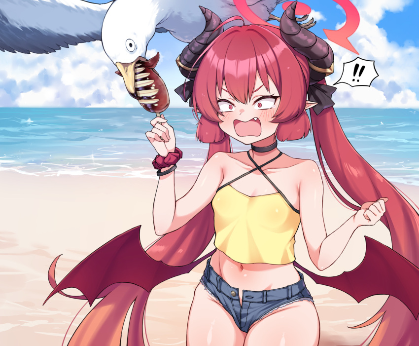 ! !! ahoge bangle bare_shoulders beach bird black_choker black_horns black_ribbon blue_archive blue_shorts blue_sky bracelet breasts choker cleanerjay cloud cloudy_sky commentary_request constricted_pupils cowboy_shot criss-cross_halter crop_top day demon_girl demon_horns demon_wings denim denim_shorts female food hair_between_eyes hair_ribbon halo halterneck highres holding holding_skewer horns ikayaki jewelry junko_(blue_archive) long_hair low_wings micro_shorts midriff navel ocean oerba_yun_fang open_fly open_mouth outdoors pointy_ears red_eyes red_hair red_halo red_scrunchie red_wings ribbon scrunchie seagull shirt shore shorts skewer sky small_breasts solo spoken_exclamation_mark standing tongue twintails very_long_hair wagashi water wavy_mouth wide-eyed wings wrist_scrunchie yellow_shirt