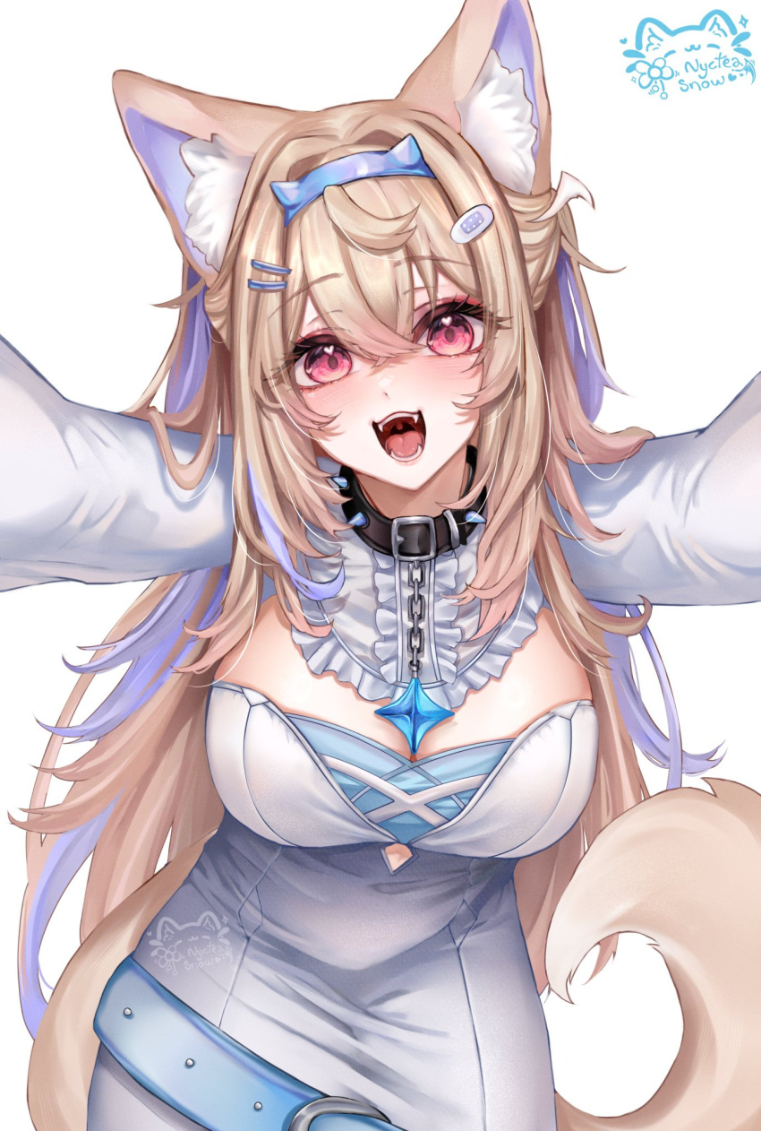 :3 :d animal_ears bandaid bandaid_hair_ornament belt black_collar blonde_hair blue_belt blue_hair blue_headband blush breasts collar colored_inner_animal_ears dog_ears dog_girl dog_tail dress fake_horns female fuwawa_abyssgard fuwawa_abyssgard_(1st_costume) hair_between_eyes hair_ornament hairpin headband highres hololive hololive_english horned_headwear horns jewelry large_breasts long_hair looking_at_viewer multicolored_hair nyctea_snow pendant pink_eyes reaching reaching_towards_viewer simple_background smile solo spiked_collar spikes streaked_hair tail virtual_youtuber white_background white_dress