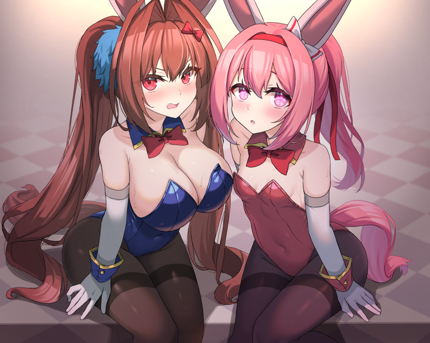 2girls :o alternate_costume animal_ears bare_shoulders black_pantyhose blue_leotard blush bow bowtie breasts brown_hair cleavage collarbone commentary_request covered_navel daiwa_scarlet_(umamusume) detached_collar ear_bow ear_covers elbow_gloves fake_animal_ears feet_out_of_frame flower-shaped_pupils gloves hair_intakes hairband haru_urara_(umamusume) highres horse_ears horse_girl horse_tail kibihimi large_breasts leotard long_hair looking_at_viewer multiple_girls nontraditional_playboy_bunny oerba_yun_fang open_mouth pantyhose pink_eyes pink_hair pink_leotard ponytail rabbit_ears red_bow red_bowtie red_eyes red_hairband sitting small_breasts speech_bubble strapless strapless_leotard symbol-shaped_pupils tail thighband_pantyhose twintails umamusume v-shaped_eyebrows wavy_mouth white_bow white_gloves wrist_cuffs