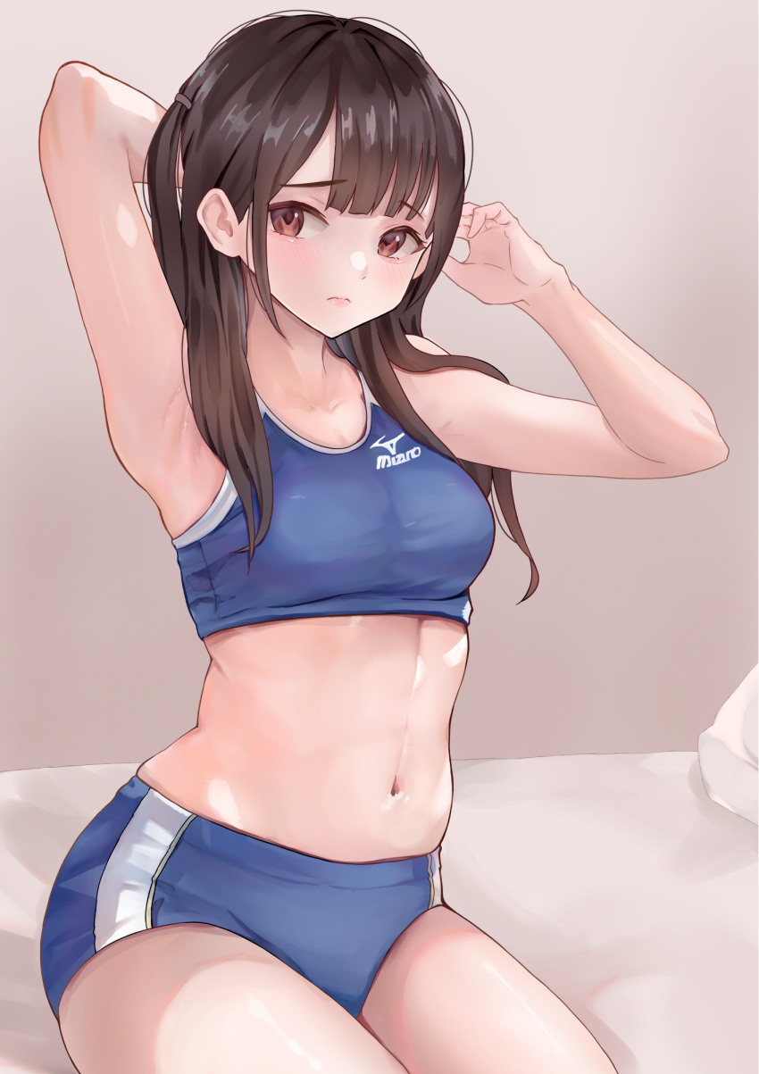 armpits blush breasts brown_eyes brown_hair buruma cowboy_shot female furrowed_brow hands_up highres light_frown long_hair looking_to_the_side midriff mizuno_(brand) navel nobita_(nbnobita) on_bed one_side_up original sitting small_breasts solo sports_bikini track_uniform