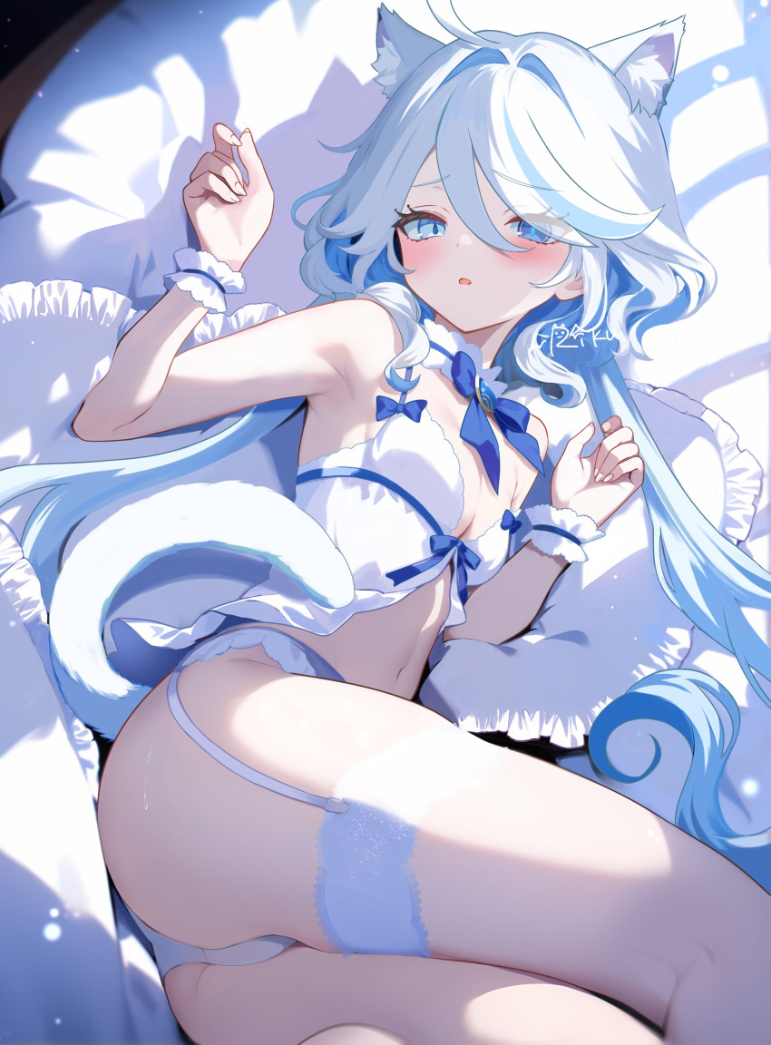 absurdres animal_ears armpits ass babydoll blue_eyes blue_gemstone blue_hair blush breasts cat_ears cat_tail cleavage drop-shaped_pupils female furina_(genshin_impact) gem genshin_impact highres light_blue_hair long_hair lying navel on_bed on_side panties parted_lips pillow rrr_gns_(riuriu_1212) scrunchie small_breasts solo stomach symbol-shaped_pupils tail underwear wavy_hair white_babydoll white_panties wrist_scrunchie