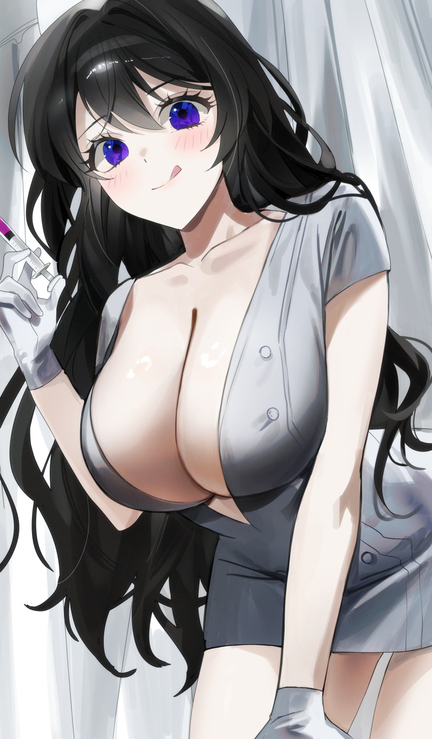 absurdres black_hair blush breasts cleavage collarbone commission curtains female gloves highres holding holding_syringe large_breasts latex latex_gloves long_hair looking_at_viewer nurse original pibag purple_eyes solo syringe thighs tongue tongue_out very_long_hair white_gloves