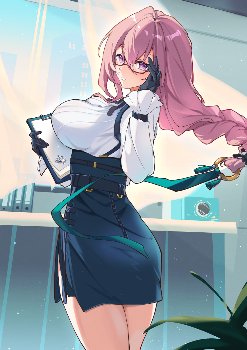 absurdres ass bii_(biichon) black_gloves black_skirt braid breasts clipboard cowboy_shot female glasses gloves hand_up high-waist_skirt highres holding holding_clipboard indoors large_breasts long_hair long_sleeves looking_at_viewer miniskirt pencil_skirt pink_hair purple_eyes shirt skirt solo soukaku_(zenless_zone_zero) standing thighs tsukishiro_yanagi twisted_torso white_shirt zenless_zone_zero