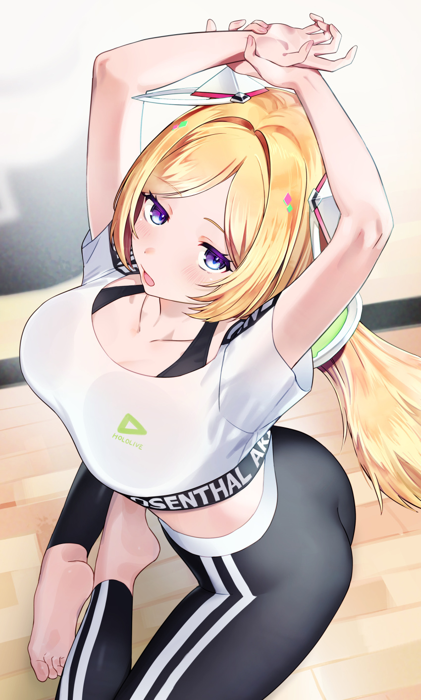 absurdres aki_rosenthal arms_up ass bike_shorts black_sports_bra blonde_hair blue_eyes bob_cut breasts crop_top crop_top_lift cropped_shirt detached_hair female from_above hair_ornament highres holding_own_wrist hololive hololive_dance_practice_uniform ishidapam large_breasts long_hair looking_at_viewer low_twintails mirror on_floor open_mouth pants parted_bangs purple_eyes short_hair sitting soles solo sports_bra sportswear twintails virtual_youtuber workout_clothes yoga_pants